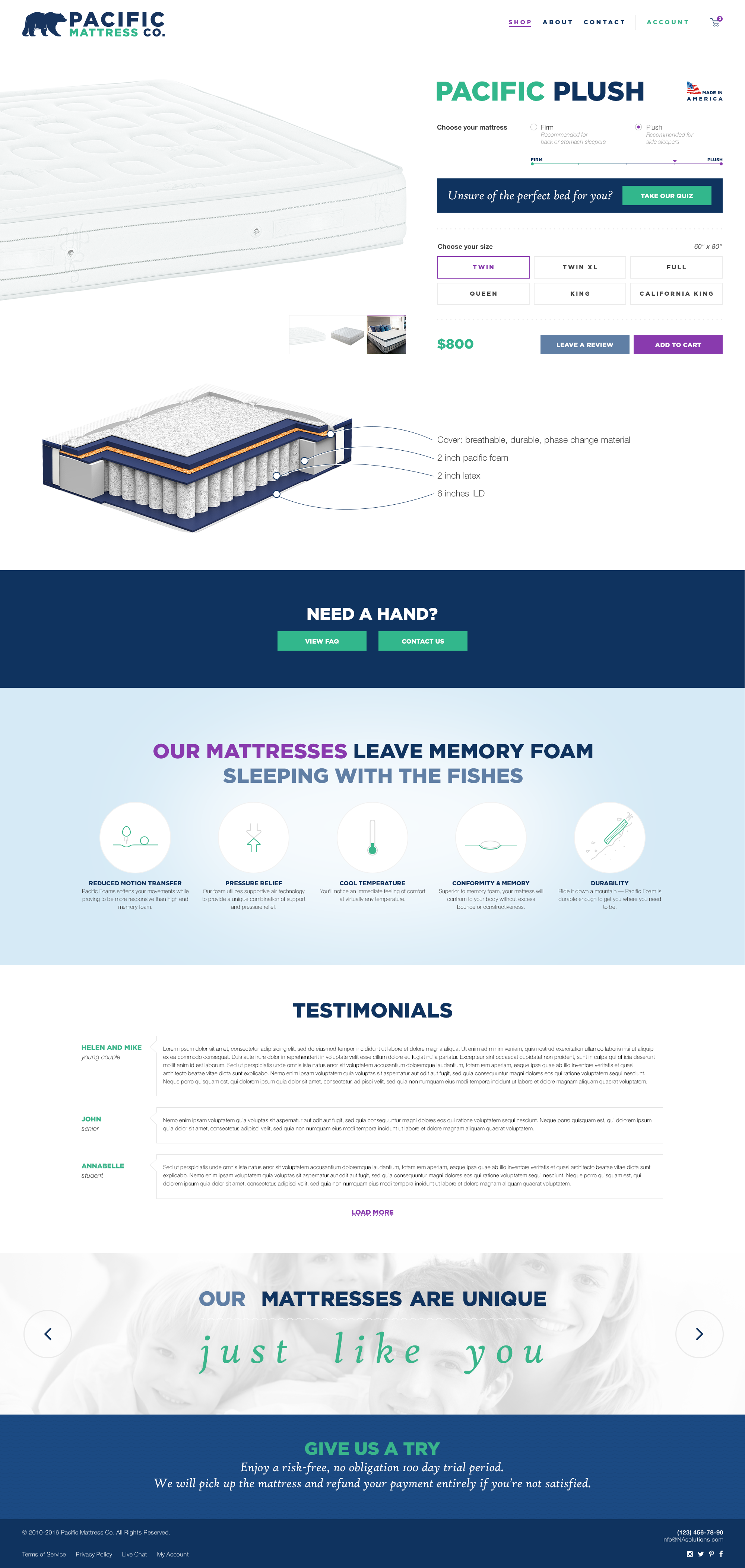Product page for a mattress (ecommerce web design)