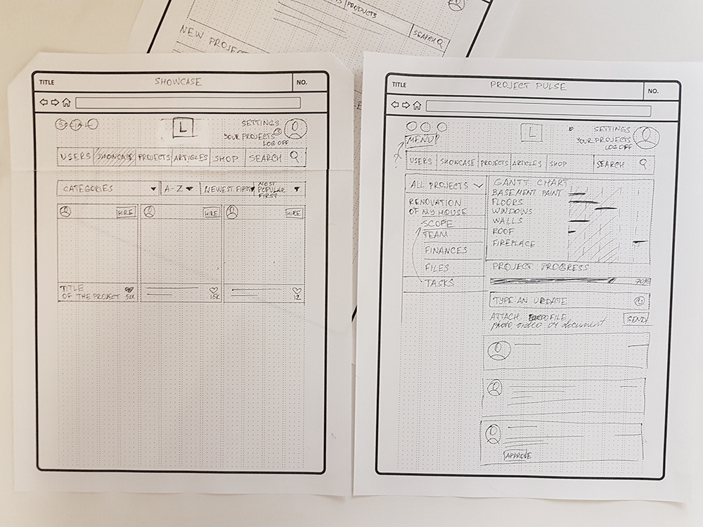 Paper prototypes for a website desktop version