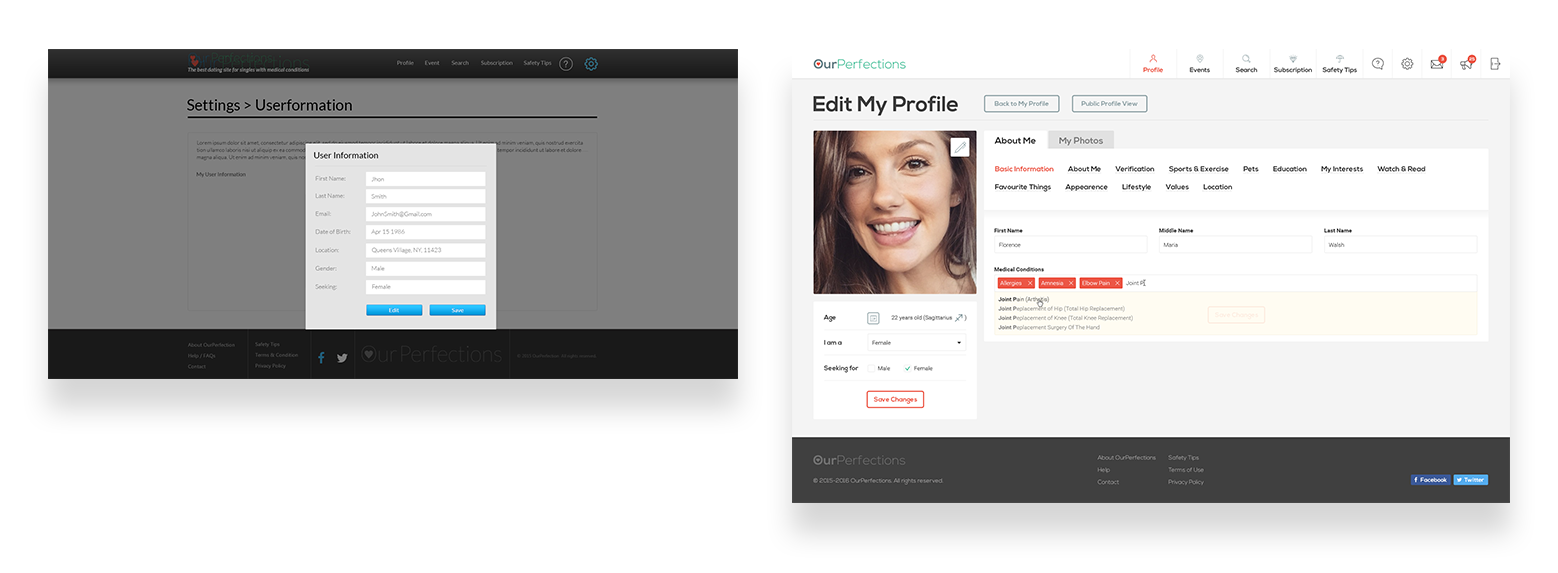 Web interface of a user profile before and after