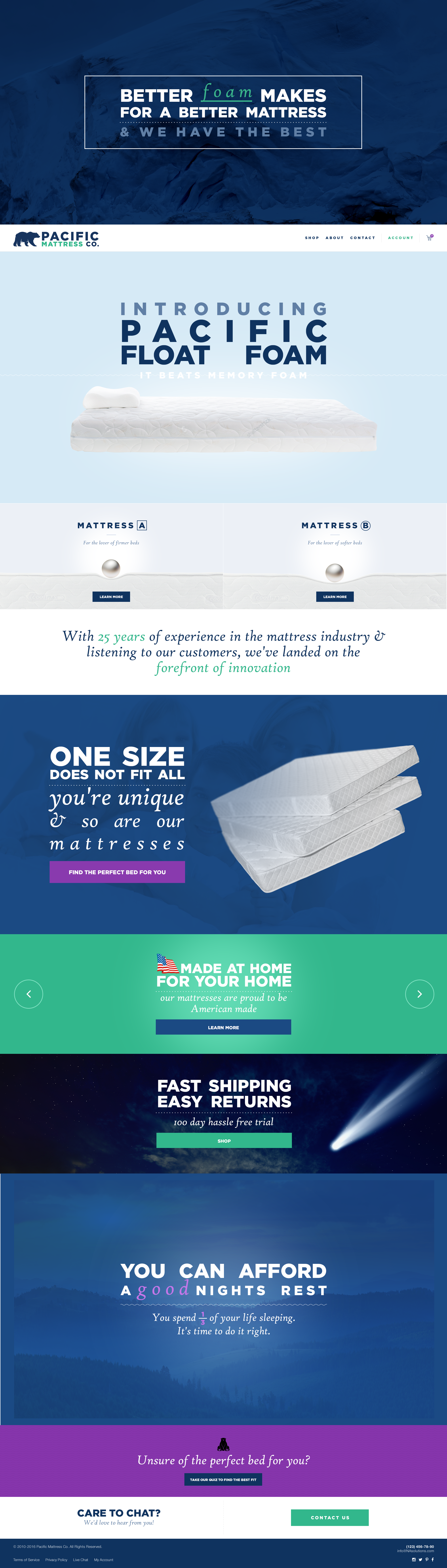 Home page website design for a mattress company